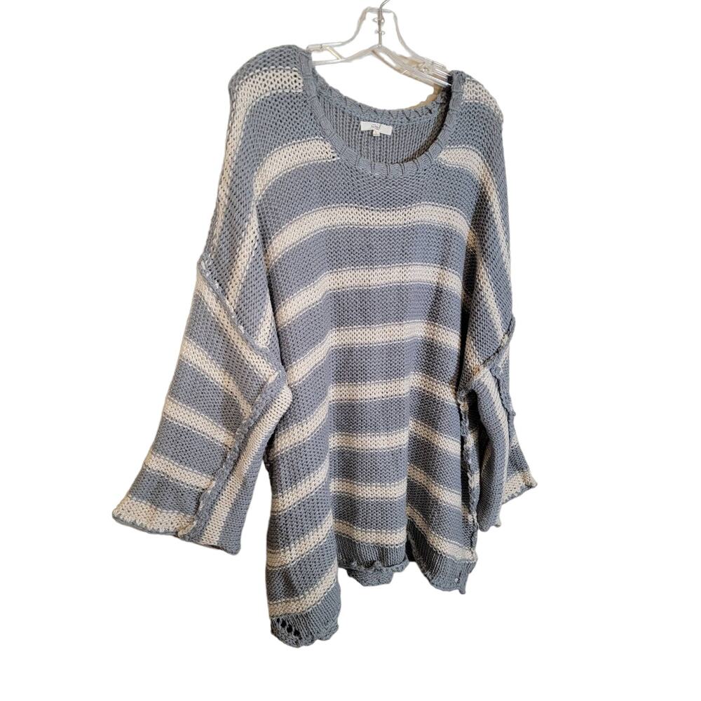 Easel Women's Striped Open Loose Knit Sweater Cozy Winter Gray Cream Size Large